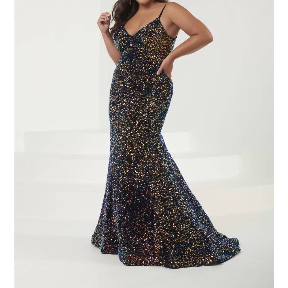 NEW HOUSE OF WU sequin trumpet flare gown in purple/black